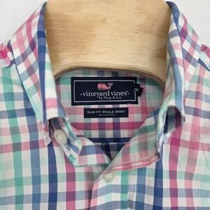 VINEYARD VINES Men M Slim Fit Whale SHIRT PINK Gingham Check Spring Easter Vacay